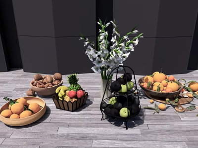 Assorted Fresh Fruits Oranges Apples Pineapple Strawberries in Wooden Bowls and Metal Basket on Wooden Floor 3d model