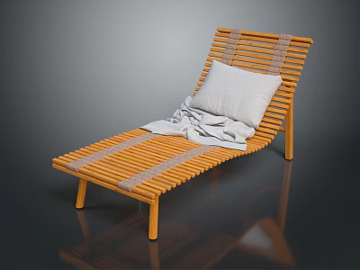 Modern Wooden Slatted Lounge Chair with White Pillow and Light Blanket 3d model