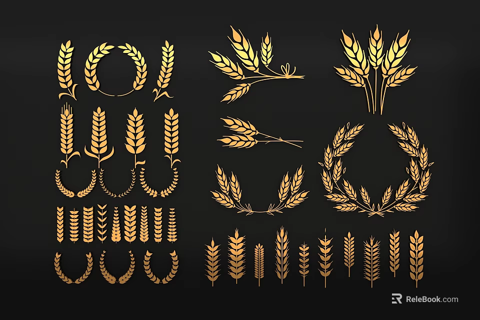 Golden Decorative Carvings Featuring Wheat Ears Laurel Leaves and Wreath Patterns 3d model 