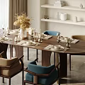 Modern Oval Wooden Dining Table Set With Blue Beige Chairs Candles And Tableware