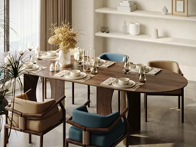 Modern Oval Wooden Dining Table Set With Blue Beige Chairs Candles And Tableware 3d model