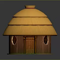 Traditional Wooden Hut With Yellow Multi Layered Straw Roof And Round Windows