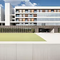 Modern School Building Exterior With White Facade Horizontal Lines And Waterfront View