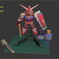Gundam Model Figure With Red Shield Paint Bottles Marker And Green Mat