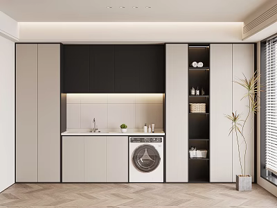 Modern Laundry Space With Built In Washing Machine White Black Cabinets Storage Shelves And Plant 3d model