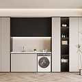 Modern Laundry Space With Built In Washing Machine White Black Cabinets Storage Shelves And Plant