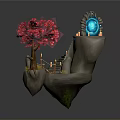 Floating Rock Structure With Stone Stairs Glowing Blue Device Wooden Bridge Red Tree And Torches