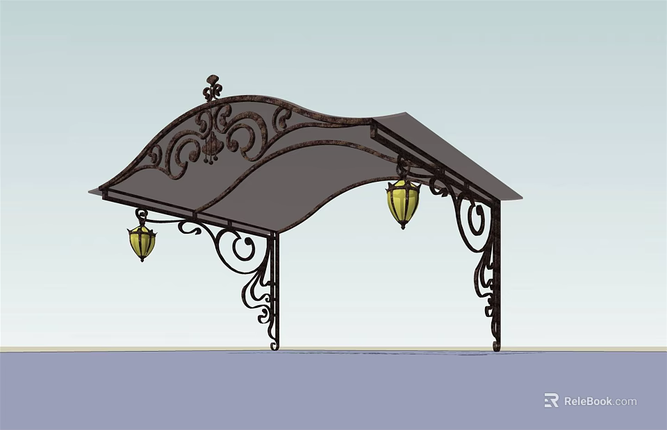 Decorative Garden Pergola Design Featuring Ornate Ironwork Curved Top and Hanging Lanterns 3d model 