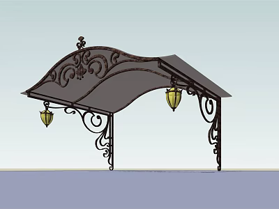 Decorative Garden Pergola Design Featuring Ornate Ironwork Curved Top and Hanging Lanterns 3d model