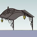 Decorative Garden Pergola Design Featuring Ornate Ironwork Curved Top and Hanging Lanterns