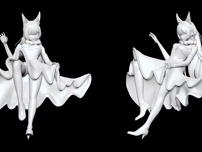 Two White 3D Female Character Models With Cat Ears And Flowing Skirt 3d model