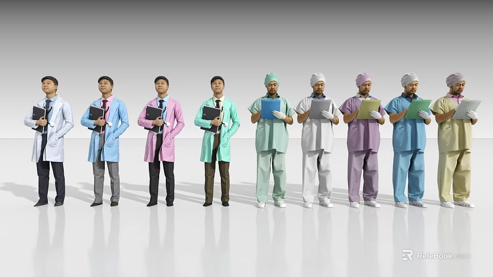 Men As Medical Professionals In Different Colored Uniforms Holding Folders Standing In A Row 3d model 