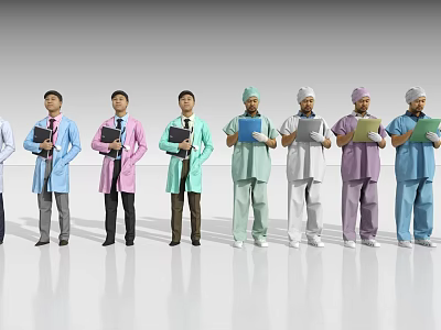Men As Medical Professionals In Different Colored Uniforms Holding Folders Standing In A Row 3d model