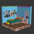 Blue Room Interior With Posters Bed Desk Lamp And Colorful Brick Base