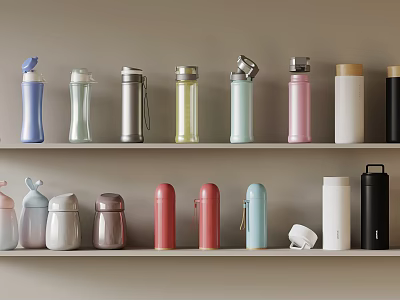 Modern Tea Sets In Various Colors And Different Designs Arranged On Shelves 3d model