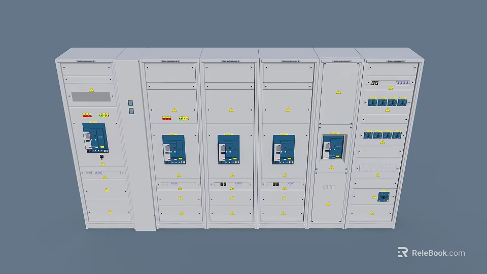 Low Voltage Electrical Distribution Cabinets With White Bodies Multiple Doors Control Buttons And Indicator Lights 3d model