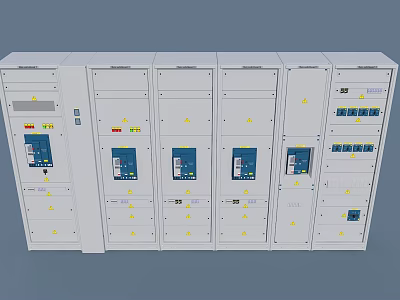 Low Voltage Electrical Distribution Cabinets With White Bodies Multiple Doors Control Buttons And Indicator Lights 3d model