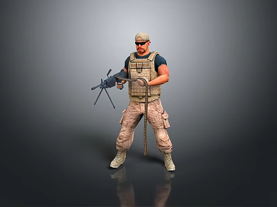 Game Movie Character with Tactical Vest Cap Holding Weapon Standing Camouflage Pants Boots Gray Background 3d model