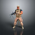 Game Movie Character with Tactical Vest Cap Holding Weapon Standing Camouflage Pants Boots Gray Background