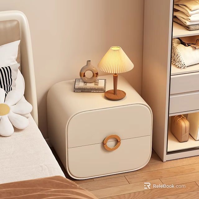 Modern Cream Leather Bedside Table With Wooden Base Lamp And Round Handle Design 3d model 
