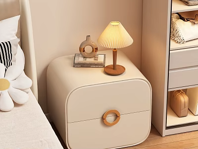 Modern Cream Leather Bedside Table With Wooden Base Lamp And Round Handle Design 3d model