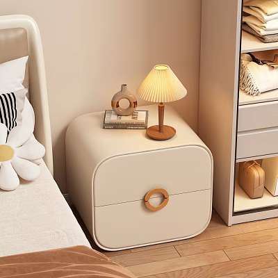 Modern Cream Leather Bedside Table With Wooden Base Lamp And Round Handle Design 3d model