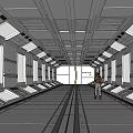 Cartoon Scene Of Futuristic Space Station Corridor With Character Walking And Bright Lighting