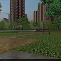 Plaza Landscape Featuring High Rise Buildings Green Trees Lawn Paved Walkways And Evening View