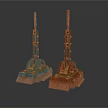Rusted Industrial Equipment With Blue Green Reddish Brown Wheels Long Poles And Bases