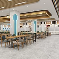Modern Restaurant Interior With Dining Tables Chairs Marble Counters Wooden Ceiling And Blue Illuminated Columns