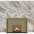 Modern Fireplace With Marble Wall And Burning Fire In Metallic Frame
