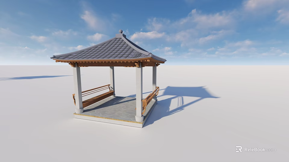 Traditional Pavilion Design With Gray Tiled Roof Wooden Railings White Pillars And Stone Floor 3d model 
