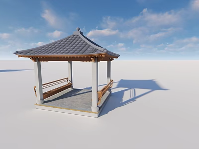 Traditional Pavilion Design With Gray Tiled Roof Wooden Railings White Pillars And Stone Floor 3d model