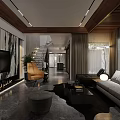 Modern Living Room Interior Design With Wooden Ceiling LED Lights Dark Sofa And Decorative Art