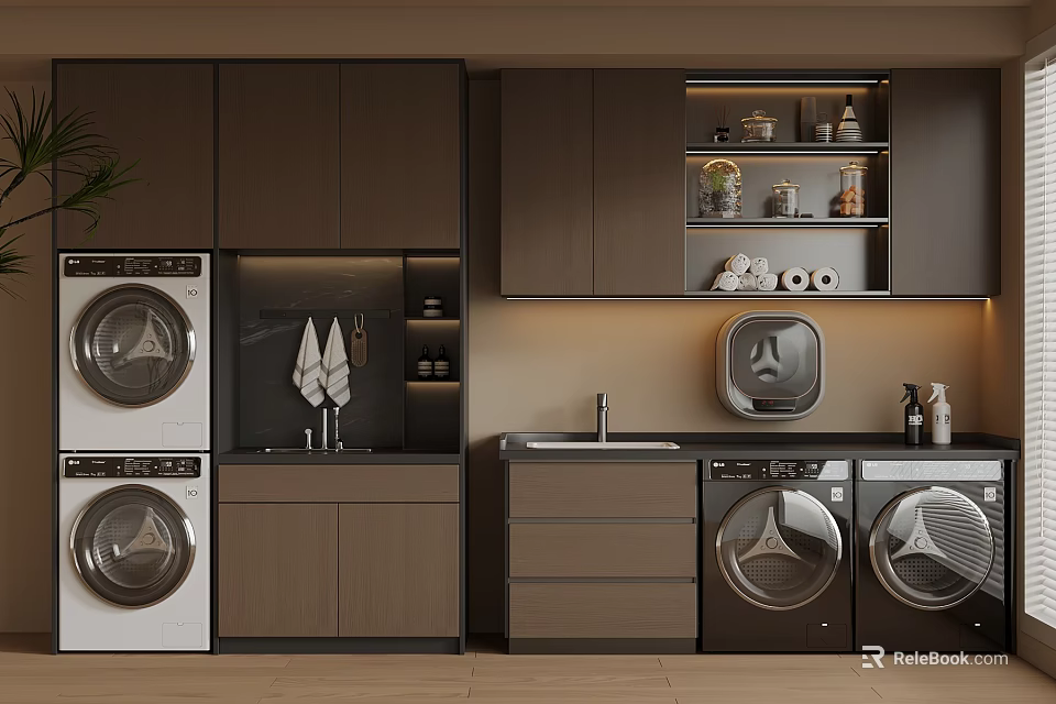 Modern Laundry Room Design With Dark Cabinets Washing Machines Dryers And Sink 3d model 