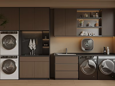 Modern Laundry Room Design With Dark Cabinets Washing Machines Dryers And Sink 3d model