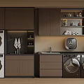 Modern Laundry Room Design With Dark Cabinets Washing Machines Dryers And Sink