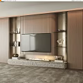 Modern TV Wall Design With Wooden Panels Stone Countertop Open Shelves And Decorative Items