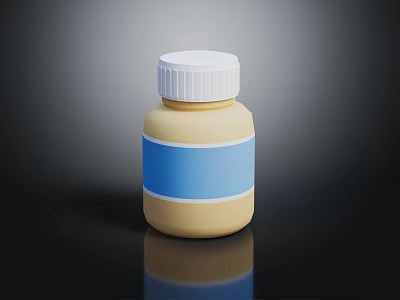 Yellow Pill Bottle With White Screw Cap Blue Label And Reflective Finish On Black Surface 3d model