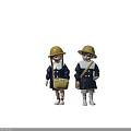Two Children Figurines Wearing Yellow Fire Helmets And Dark Blue Coats With White Collars