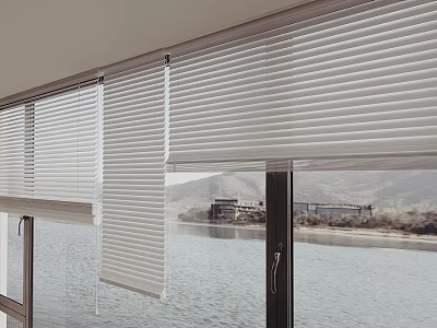 Modern White Window Blinds Enhancing Home with Scenic Lake and Mountain View 3d model