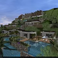 Aerial View Planning For Luxury Hillside Resort With Tiered Pools Lush Greenery And Villas