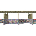 Wooden Pergola Structure With Colorful Block Walls And Open Design Elements 3d model