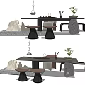 Modern Tea Table And Chairs With Tea Set Green Plant And Mountain Shaped Decoration