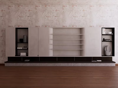 Modern TV Stand With Open Shelves Black Framed Storage Against Textured Wall Wooden Floor 3d model