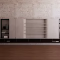 Modern TV Stand With Open Shelves Black Framed Storage Against Textured Wall Wooden Floor