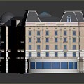 Classical Style Building Featuring Light Colored Facade Blue Roof Multiple Windows And Curved Corner