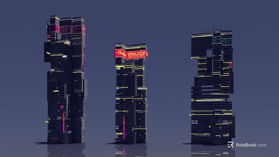 Future Architecture Skyscrapers With Neon Accents And Complex Structural Design 3d model 
