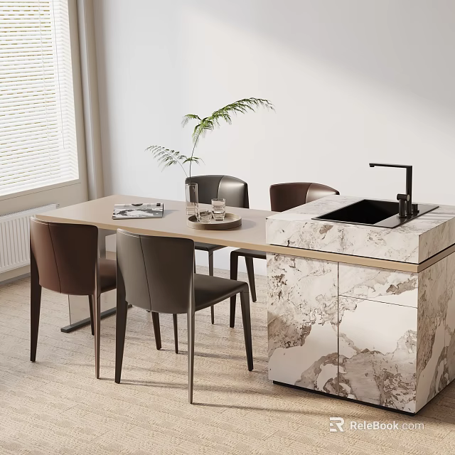 Wooden Dining Table Set with Chairs and Marble Island by Window with Blinds and Potted Plant 3d model 