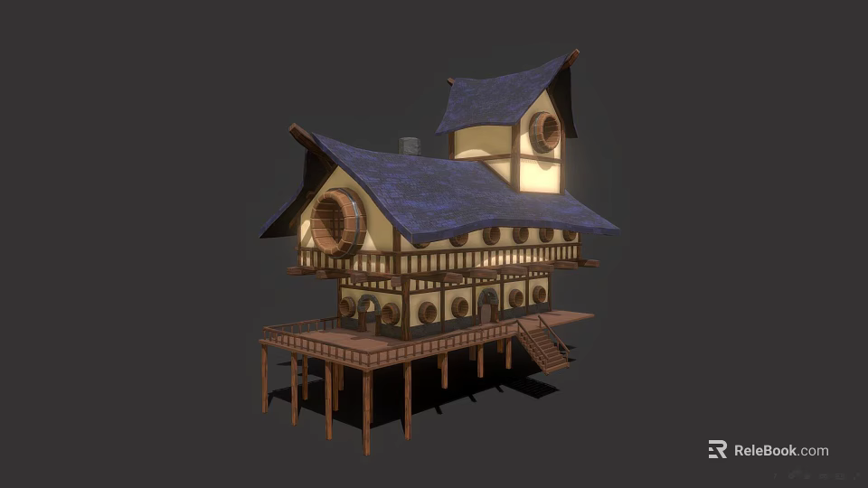 Traditional Wooden Building With Blue Roof Circular Windows And Tower Structure 3d model 